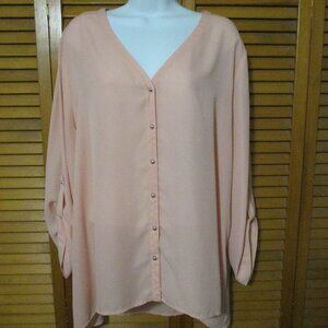 Emaline peach blouse long sleeves that roll up V-neck flowy like new size XL